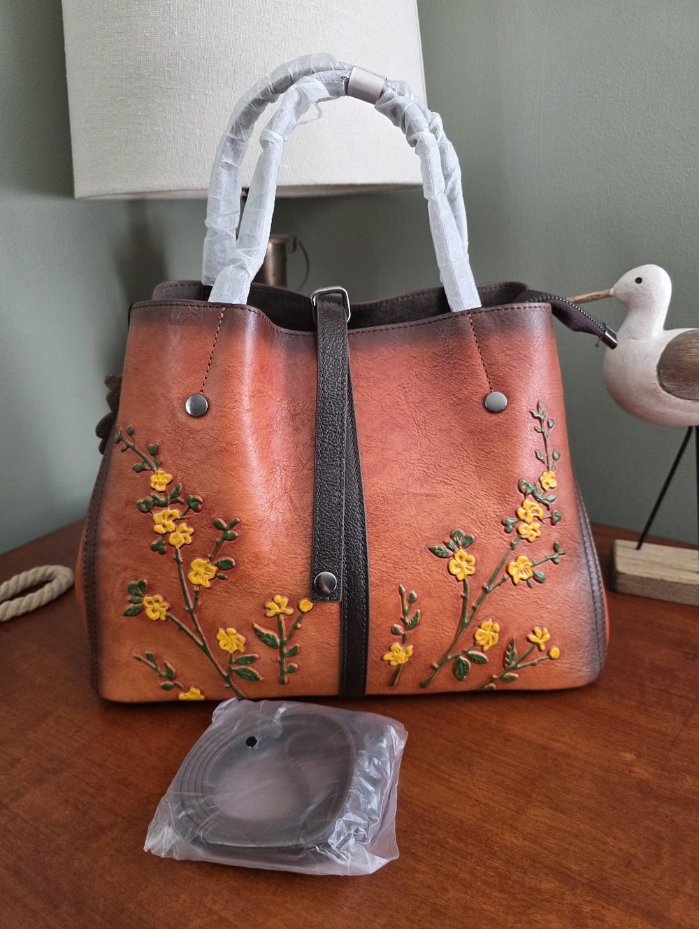 Unbranded Floral Embossed Satchel Tan Brown Leather Bag NWOT